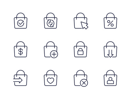 online shopping and e-commerce line icons with bagのイラスト素材