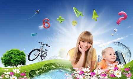 Collage with children and parents on green grass and under blue skyの写真素材