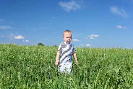 little boy outdoors in sunny summer dayの写真素材