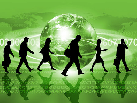 Illustration of a crowd of business people against color backgroundの写真素材