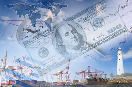 Business collage with financial charts and lighthouse on the backgroundの写真素材