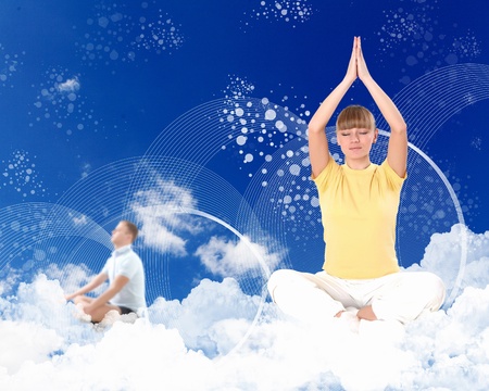 Collage with young woman doing yoga against blue skyの写真素材