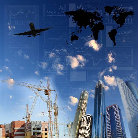 Business collage with financial charts and lighthouse on the backgroundの写真素材