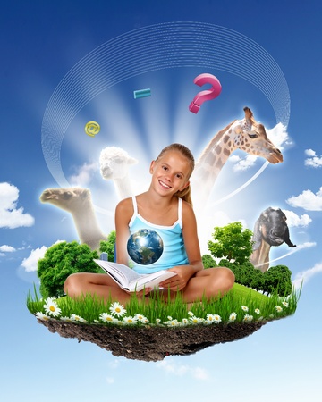 Collage with little smiling girl on green grassの写真素材