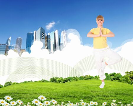 Collage with young woman doing yoga against blue skyの写真素材