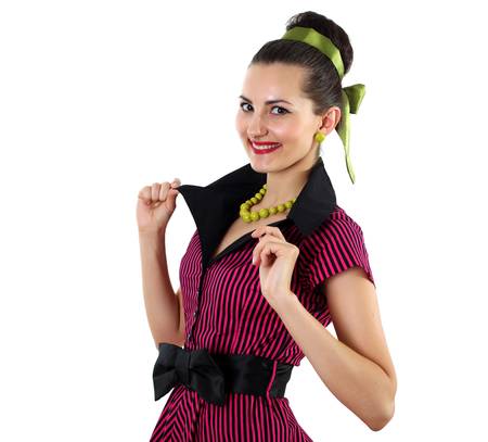 young woman in bright colour dress in 60's styleの写真素材