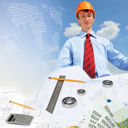 Collage with a business person and construction imagesの写真素材