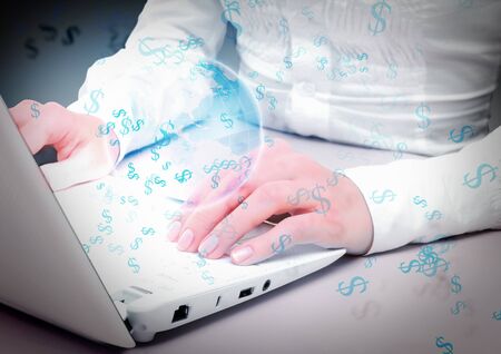 Collage with white laptop computers and symbols of communicationの写真素材