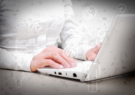 Collage with white laptop computers and symbols of communicationの写真素材