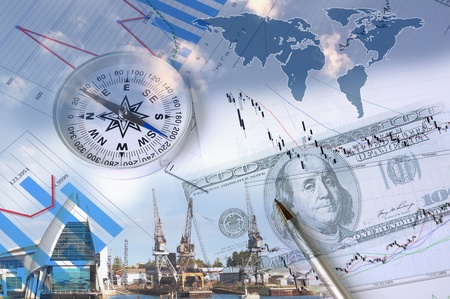 Business collage with financial charts and lighthouse on the backgroundの写真素材