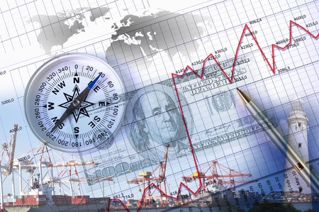 Business collage with financial charts and lighthouse on the backgroundの写真素材