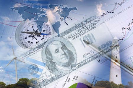 Business collage with financial charts and lighthouse on the backgroundの写真素材