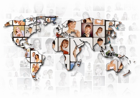 World map background with people portraits on itの写真素材