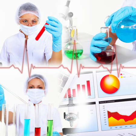 Collage on science with young woman and laborotary equipmentの写真素材