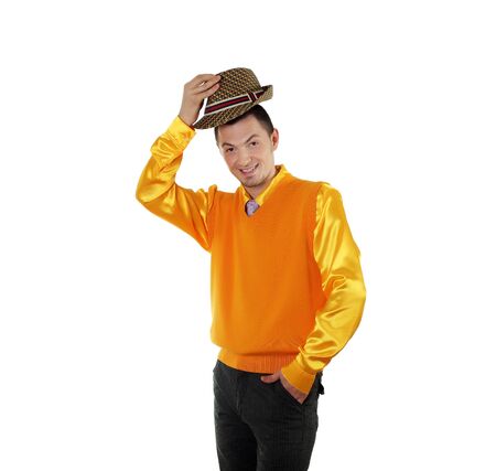 young happy man in bright colour wear with funny expressionの写真素材