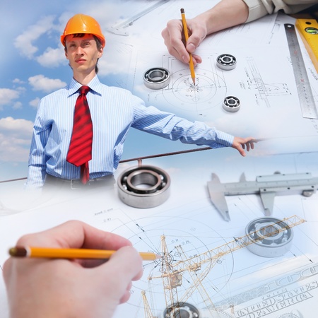 Collage with a business person and construction imagesの写真素材