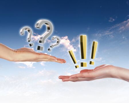 Collage with human hands and question and exclamation signsの写真素材