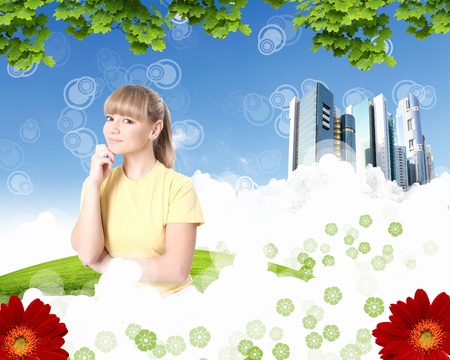 Collage with young woman doing yoga against blue skyの写真素材