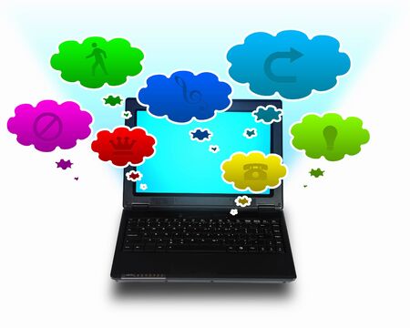Image of laptop computer with symbols of network and communicationの写真素材