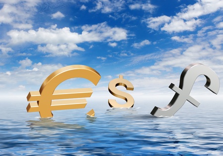 Currency symbols floating on blue sea wavesの写真素材