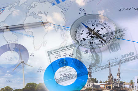 Business collage with financial charts and lighthouse on the backgroundの写真素材
