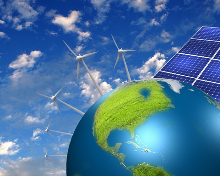 Collage with solar batteries as alternative source of energyの写真素材