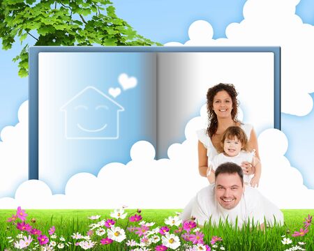 Collage with children and parents on green grass and under blue skyの写真素材
