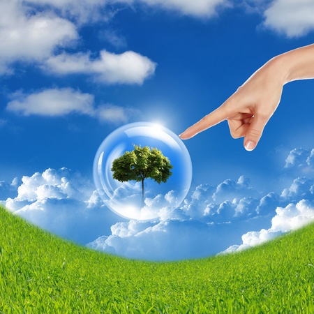 Illustration ofair bubbles with green plant inside as symbol of nature protectionの写真素材