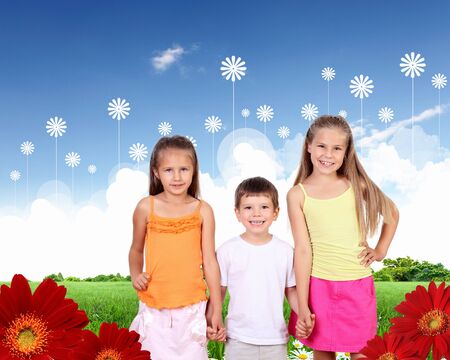 Collage with children and parents on green grass and under blue skyの写真素材