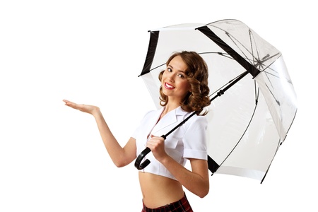 Young prestty woman dressed in retro style with umbrellaの写真素材