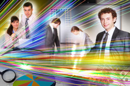 collage of business persons with business and financial symbolsの写真素材