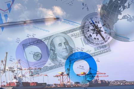 Business collage with financial charts and lighthouse on the backgroundの写真素材