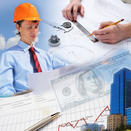 Collage with a business person and construction imagesの写真素材