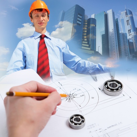 Collage with a business person and construction imagesの写真素材