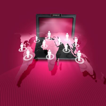 Image of laptop computer with symbols of network and communicationの写真素材