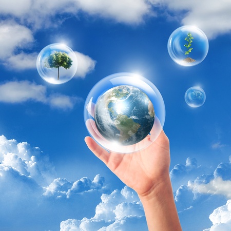 Illustration ofair bubbles with green plant inside as symbol of nature protectionの写真素材