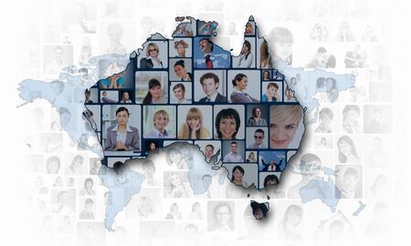 World map background with people portraits on itの写真素材