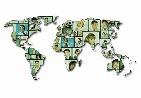 World map background with people portraits on itの写真素材