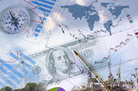 Business collage with financial charts and lighthouse on the backgroundの写真素材