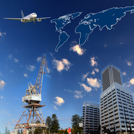 Business collage with financial charts and lighthouse on the backgroundの写真素材