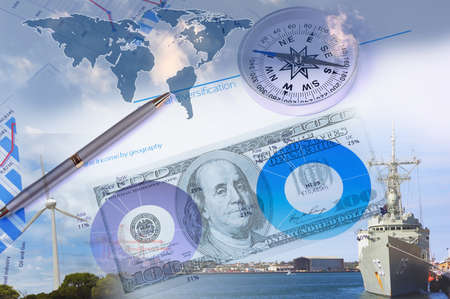 Business collage with financial charts and lighthouse on the backgroundの写真素材
