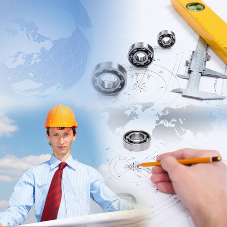Collage with a business person and construction imagesの写真素材
