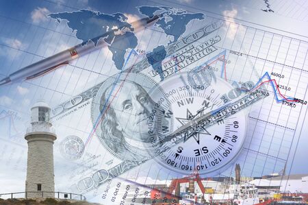 Business collage with financial charts and lighthouse on the backgroundの写真素材