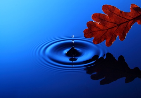 Drop of water falling into the water and leaving it circles の写真素材