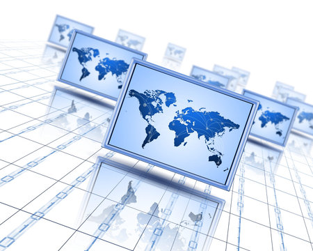 Computer screens with an image of the world on them 