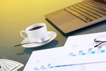 Collage with business papers on the work placeの写真素材