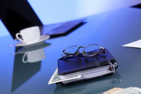 Collage with business papers on the work placeの写真素材