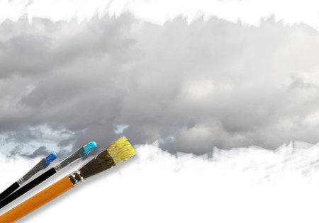 Picture of sunny nature landscape and brushesの写真素材