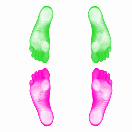Colourful human foot prints on white background