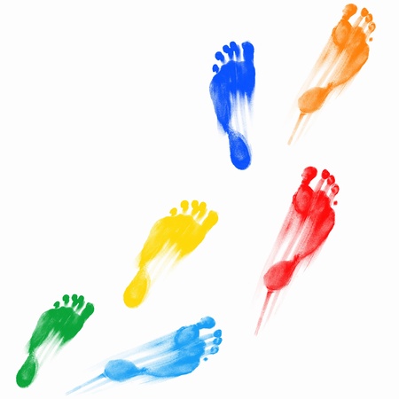 Colourful human foot prints on white backgroundの写真素材